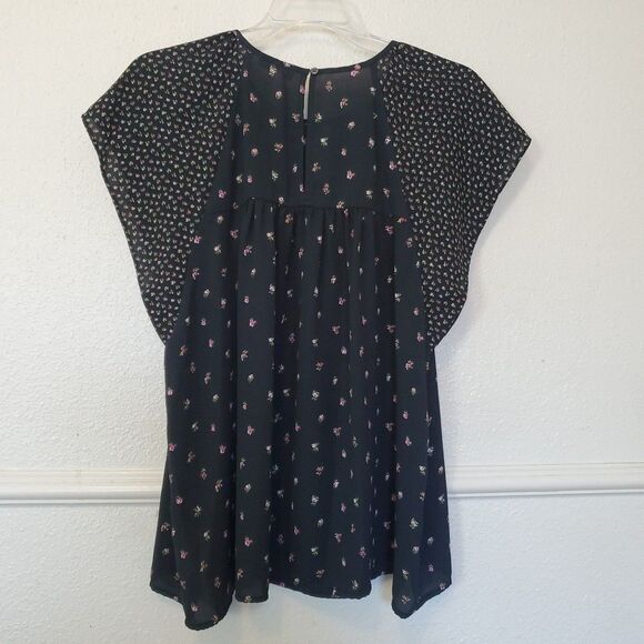 Gap Womens Top Black Pink Floral Short Flutter Sleeve Chiffon Blouse Boho Size L - Picture 9 of 16